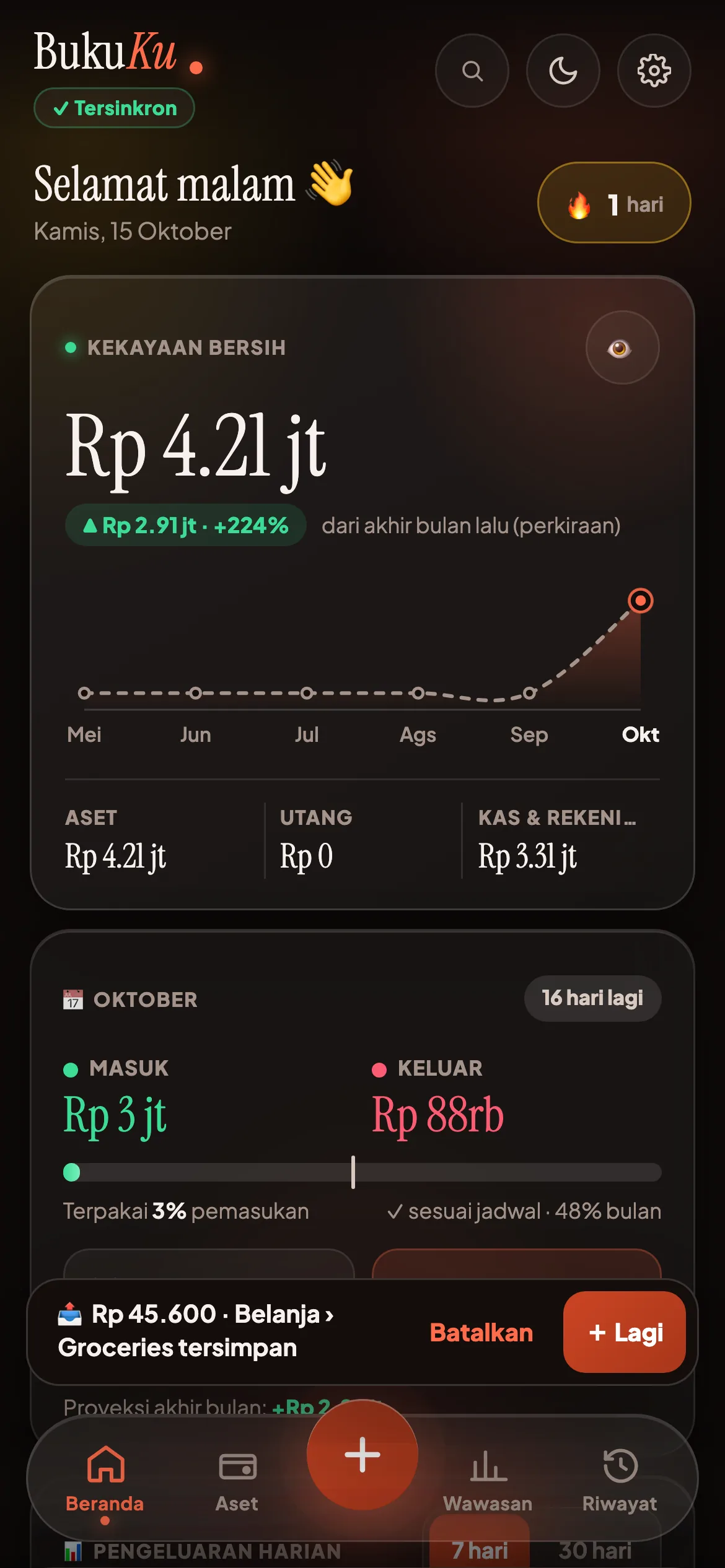 Screenshot asli BukukKu, aplikasi pengelolaan keuangan pribadi
